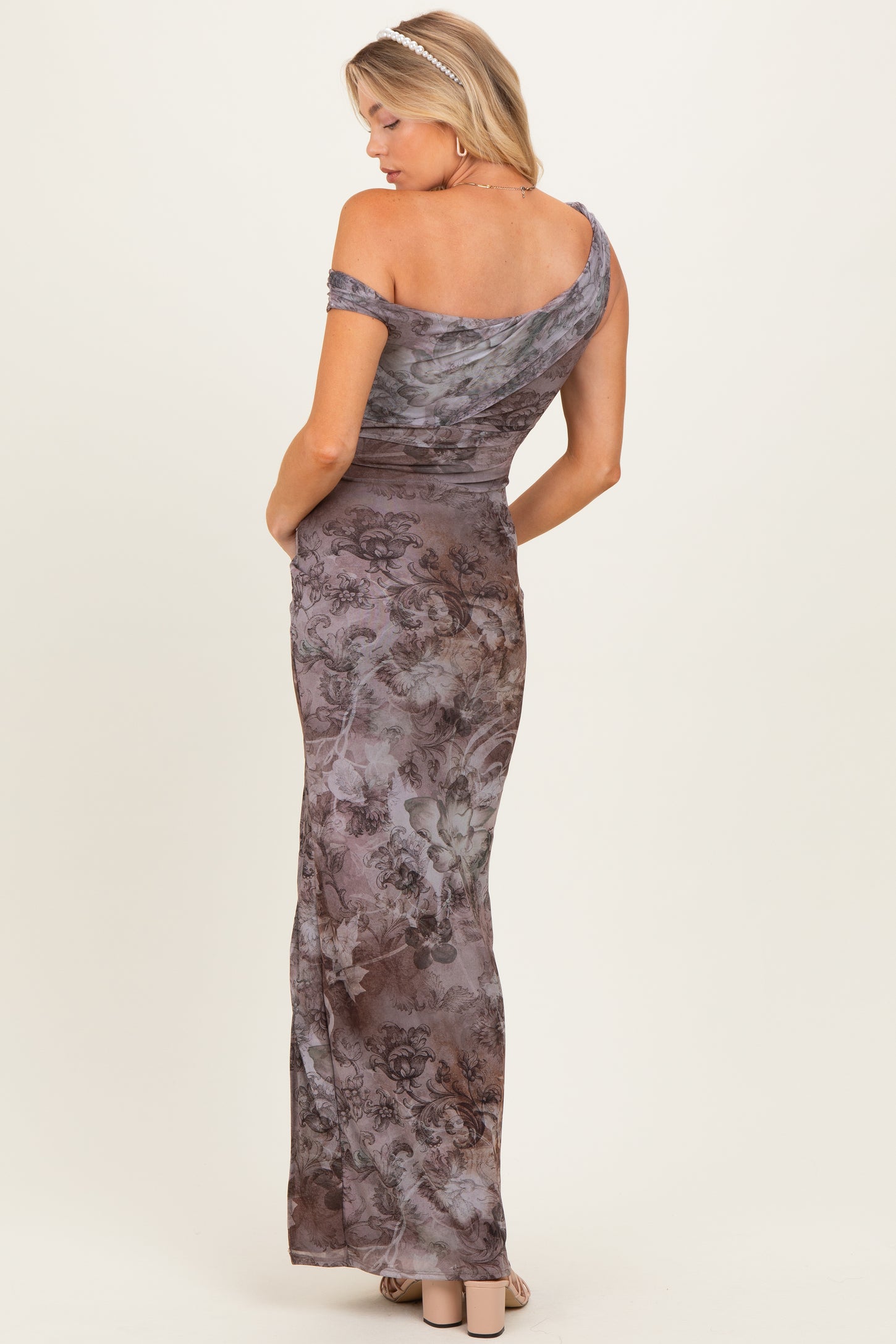 Taupe Asymmetrical Off-Shoulder Maternity Maxi Dress