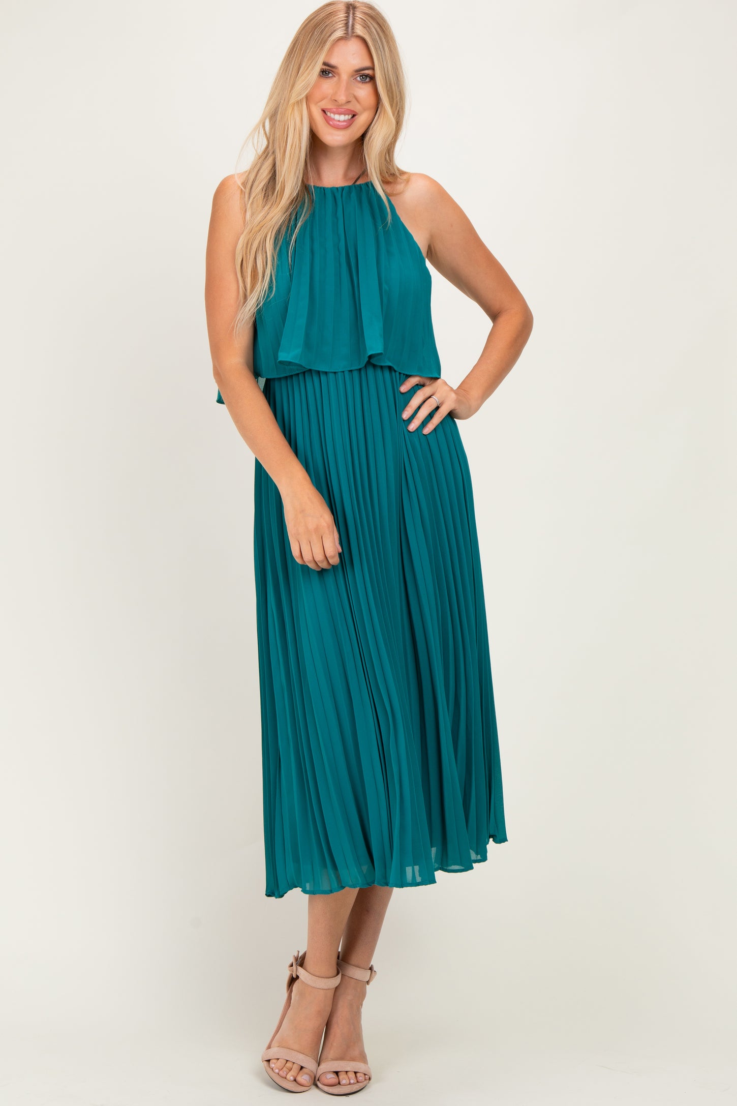 Teal Pleated Woven Maternity Midi Dress