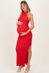 Red Halter Neck Open Back Maternity Maxi Dress