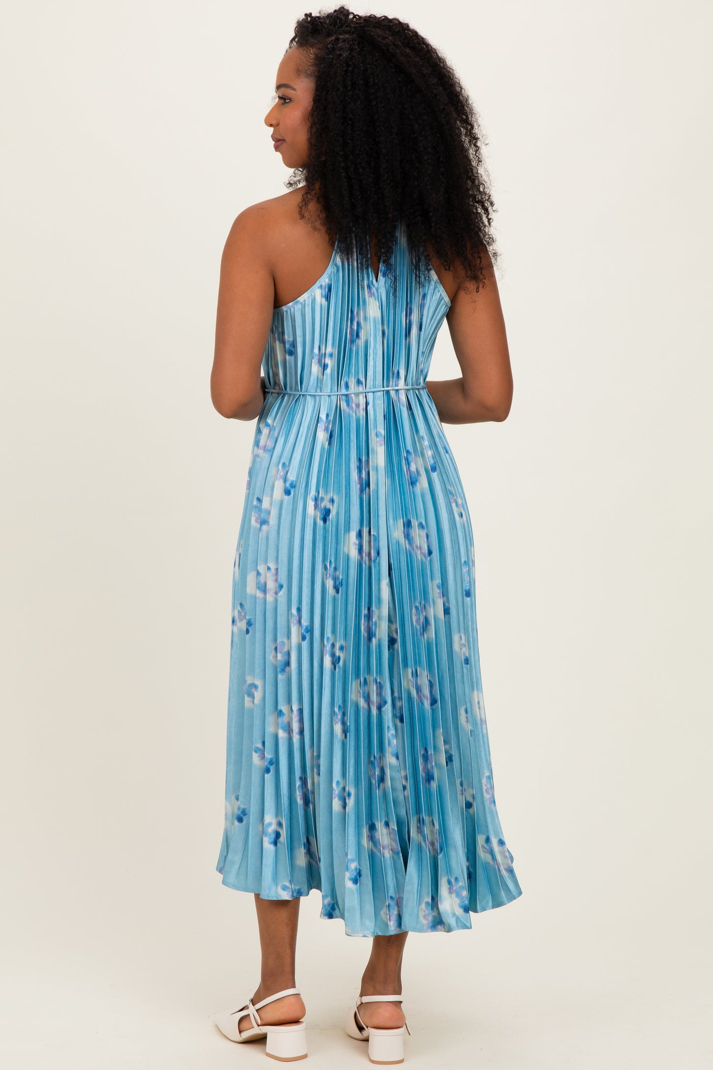 Light Blue Floral Pleated Halter Midi Dress