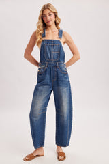 Dark Wash Denim Barrel Overalls