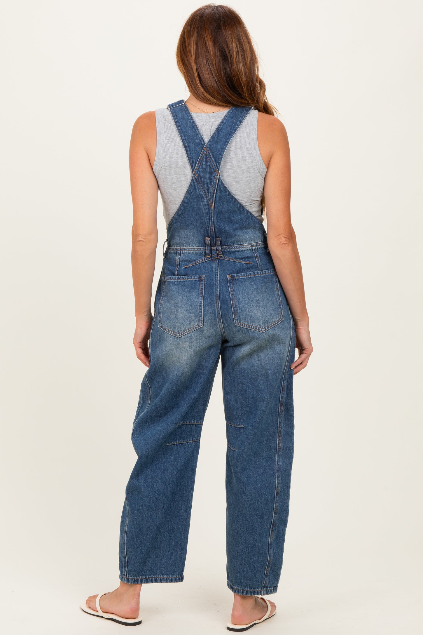 Dark Wash Denim Barrel Overalls