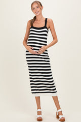 Black Striped Square Neck Sleeveless Knit Maternity Midi Dress