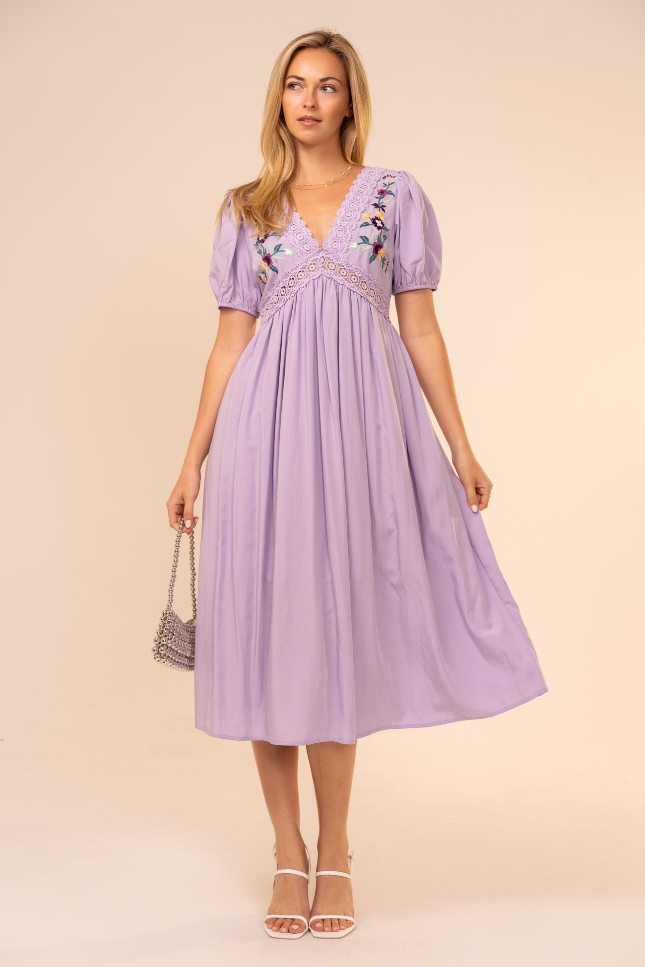 Lavender Puff Sleeve Embroidered Maternity Midi Dress