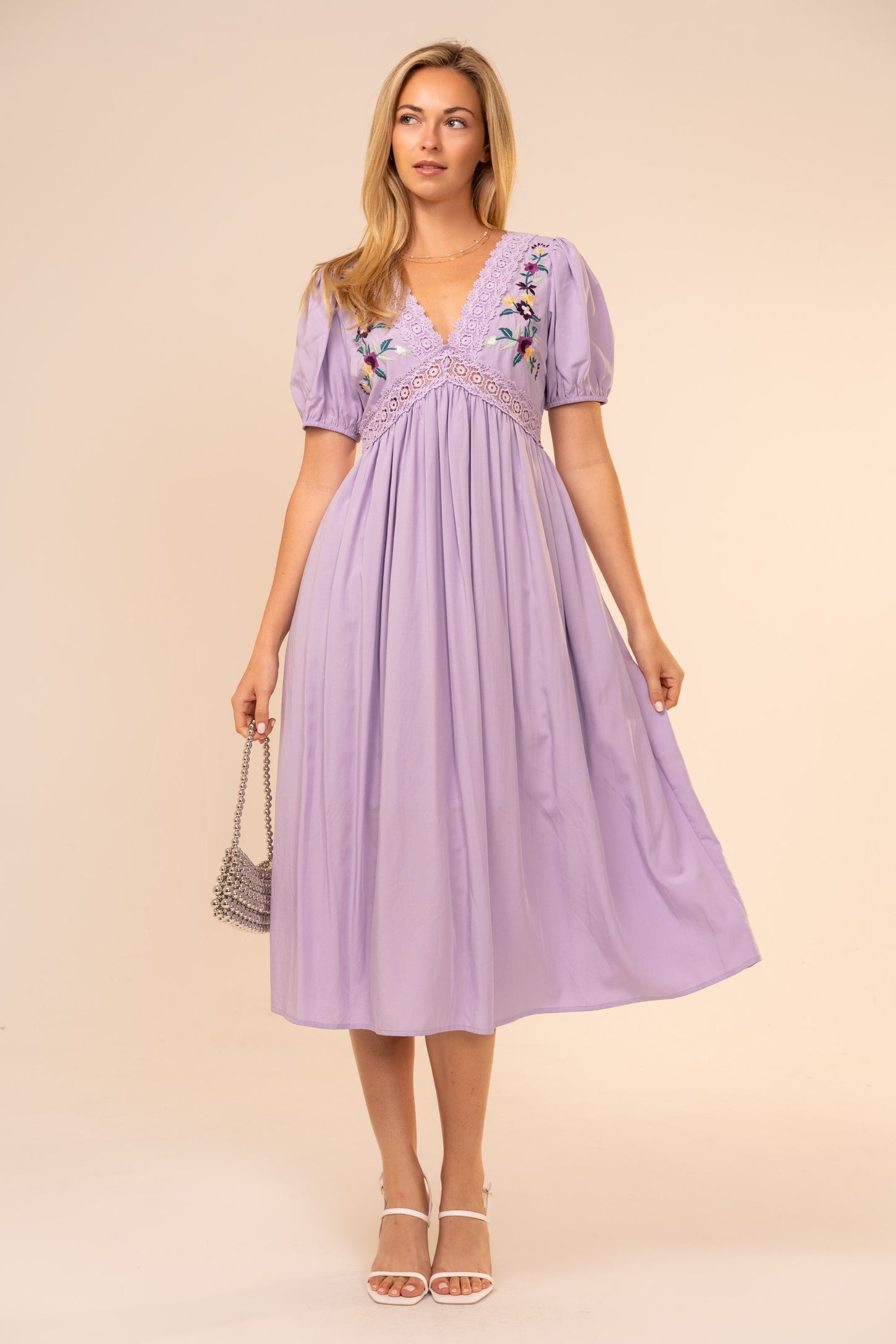 Lavender Puff Sleeve Embroidered Maternity Midi Dress