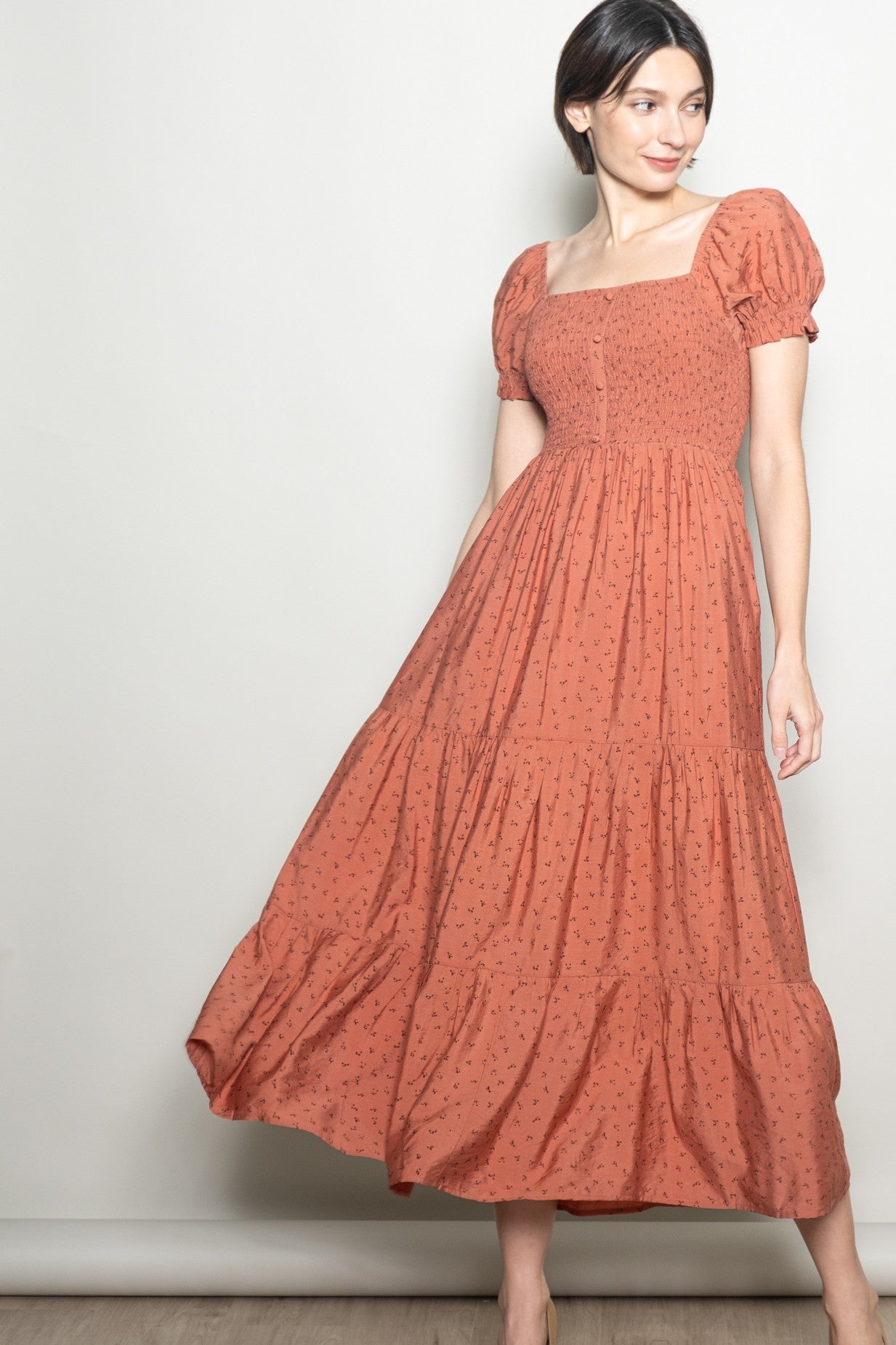 Mauve Tiny Floral Smocked Puff Sleeve Maternity Maxi Dress