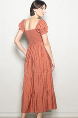 Mauve Tiny Floral Smocked Puff Sleeve Maxi Dress