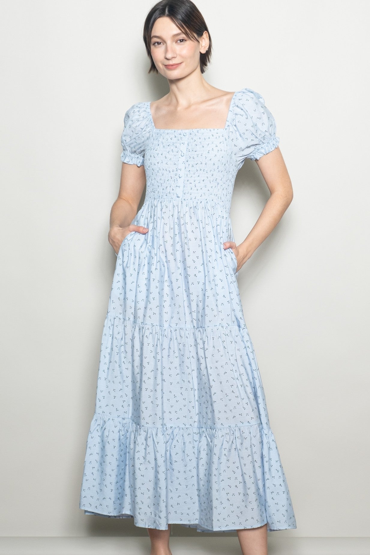 Light Blue Tiny Floral Smocked Puff Sleeve Maternity Maxi Dress