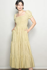 Light Sage Tiny Floral Smocked Puff Sleeve Maternity Maxi Dress