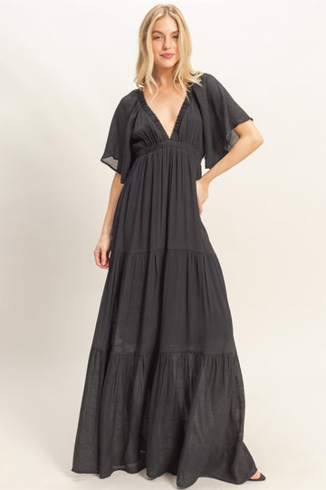 Black Flutter Sleeve Maxi Dress