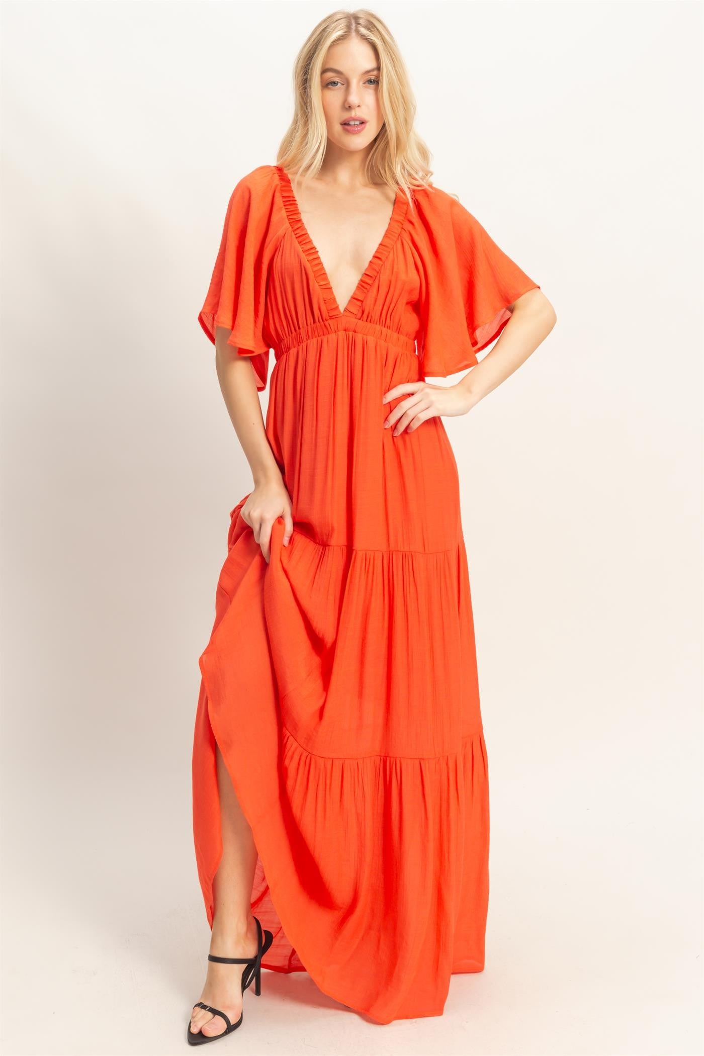 Orange Flutter Sleeve Maxi Dress