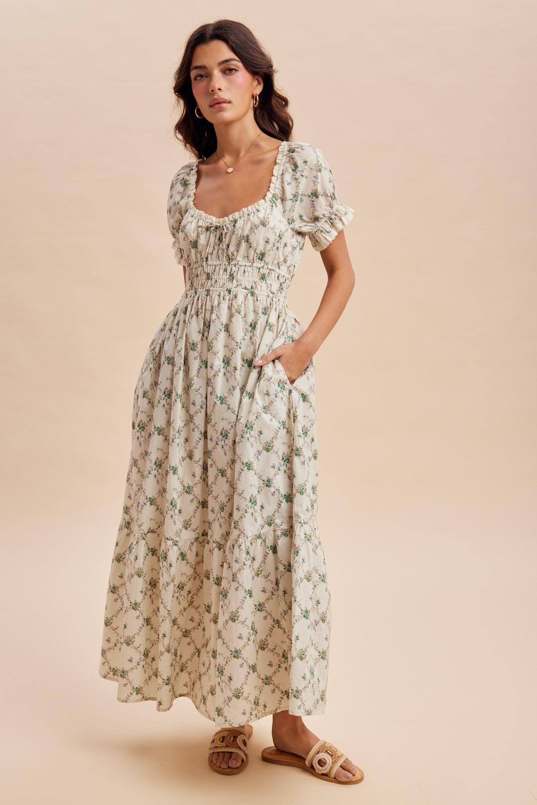 Green Floral Smocked Maxi Dress