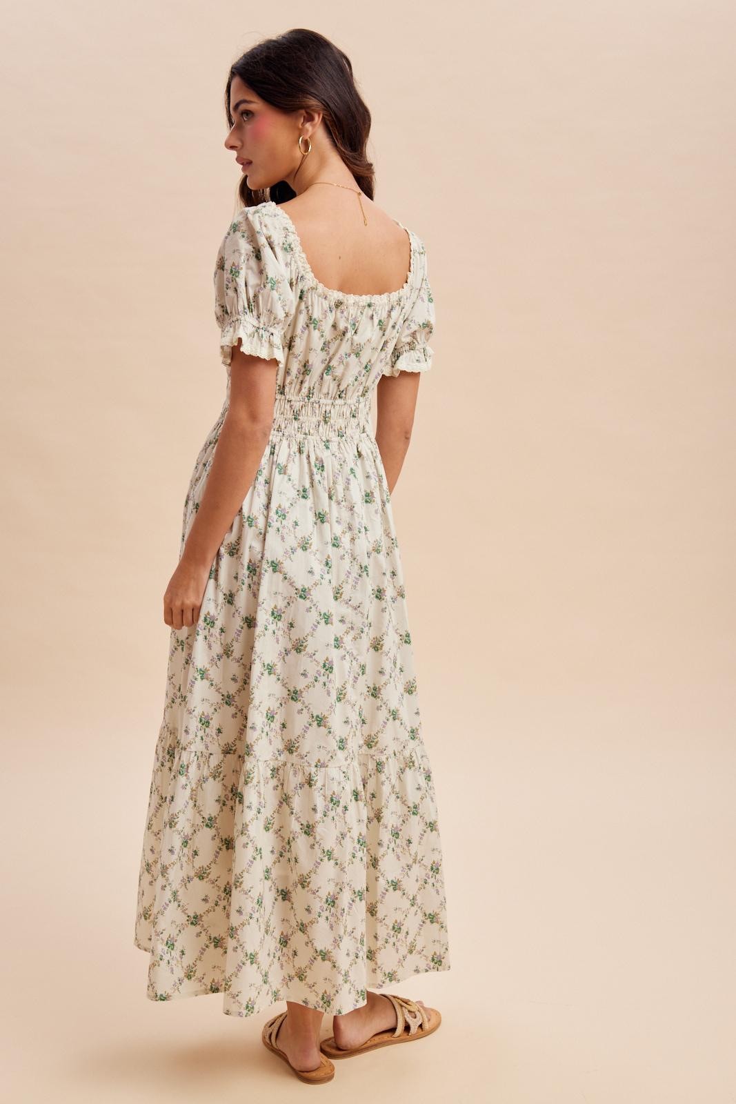 Green Floral Smocked Maxi Dress