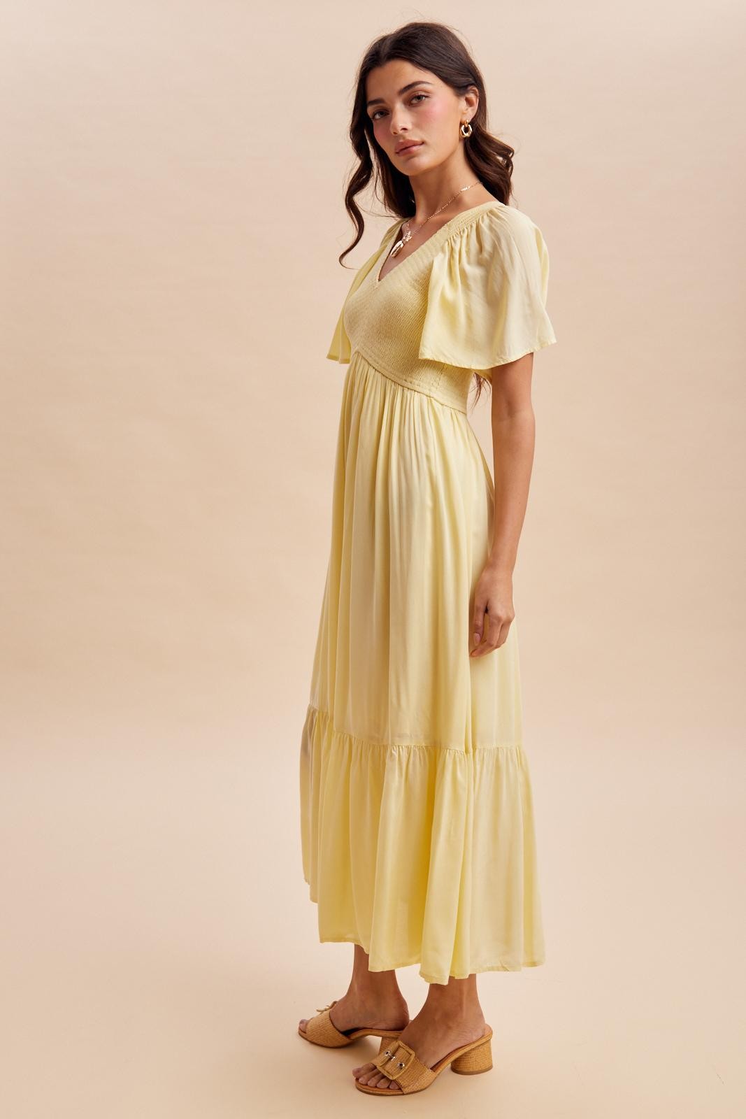 Yellow Smocked Midi Dress