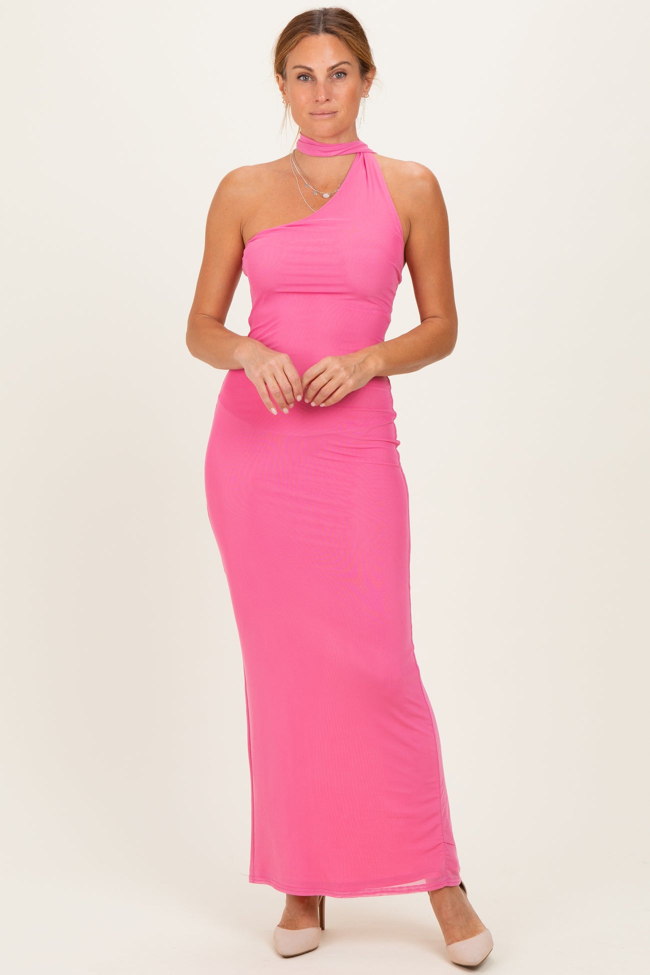 Pink Mesh Overlay Halter Maternity Maxi Dress