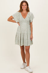 Sage V Neck Smocked Bodice Ditsy Print Dress
