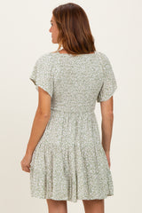 Sage V Neck Smocked Bodice Ditsy Print Dress