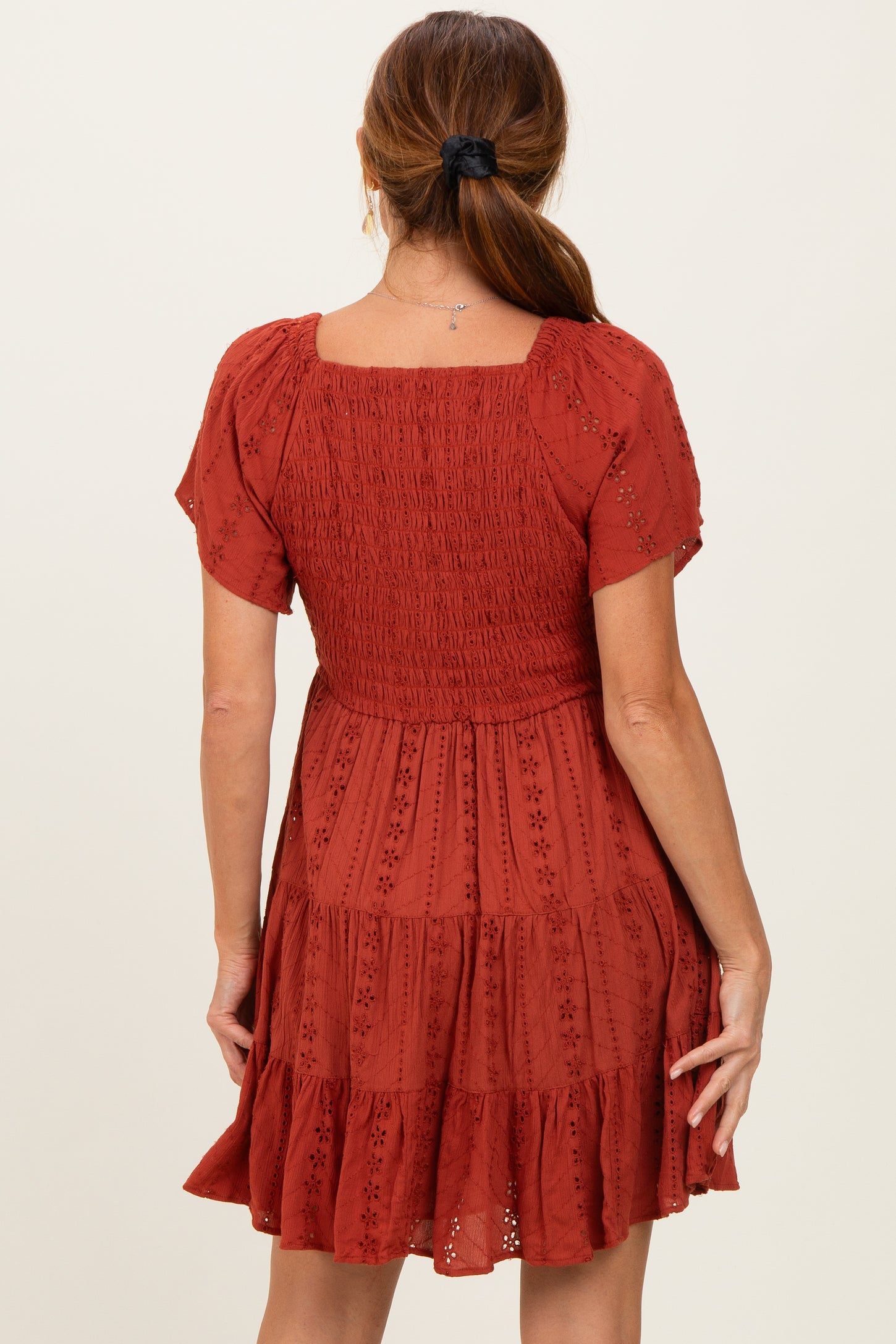 Rust Eyelet Embroidered V Neck Smocked Bodice Dress