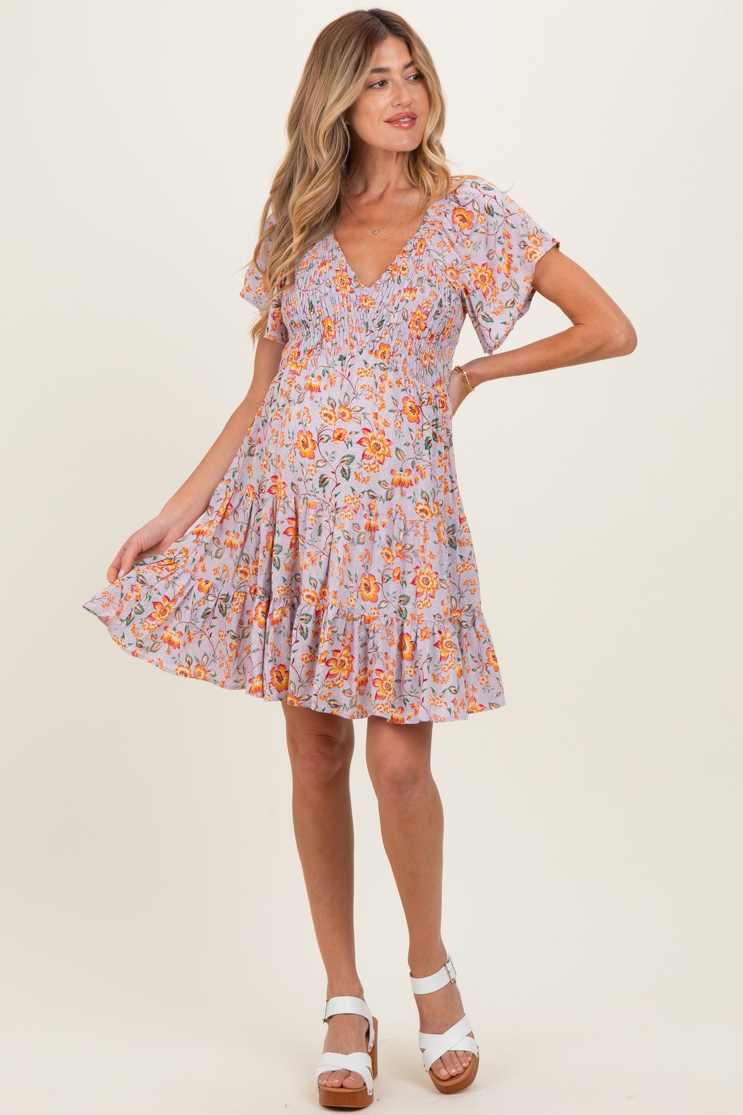 Lavender V Neck Smocked Bodice Floral Print Maternity Dress