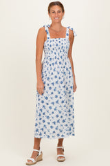 Ivory Smocked Bodice Tie Straps Floral Print Maxi Dress