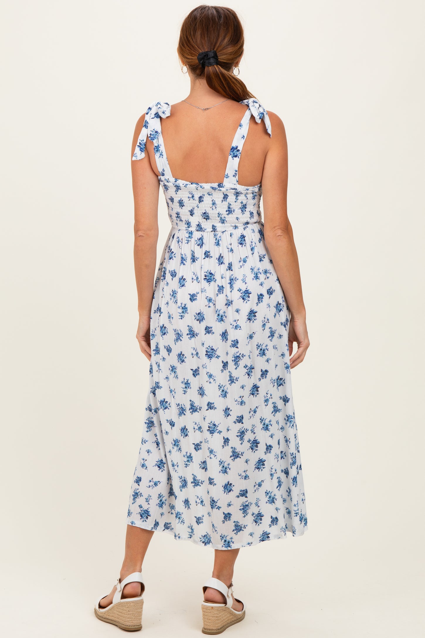 Ivory Smocked Bodice Tie Straps Floral Print Maxi Dress