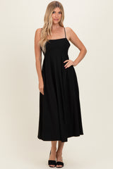 Black Linen Sleeveless Tie Back Flared Maternity Midi Dress