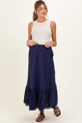 Navy Striped Lace Trim Maternity Midi Skirt
