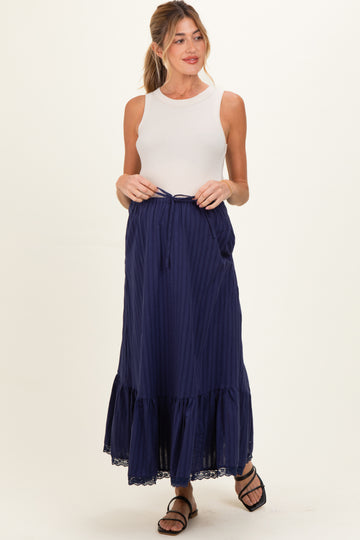 Navy Striped Lace Trim Maternity Midi Skirt