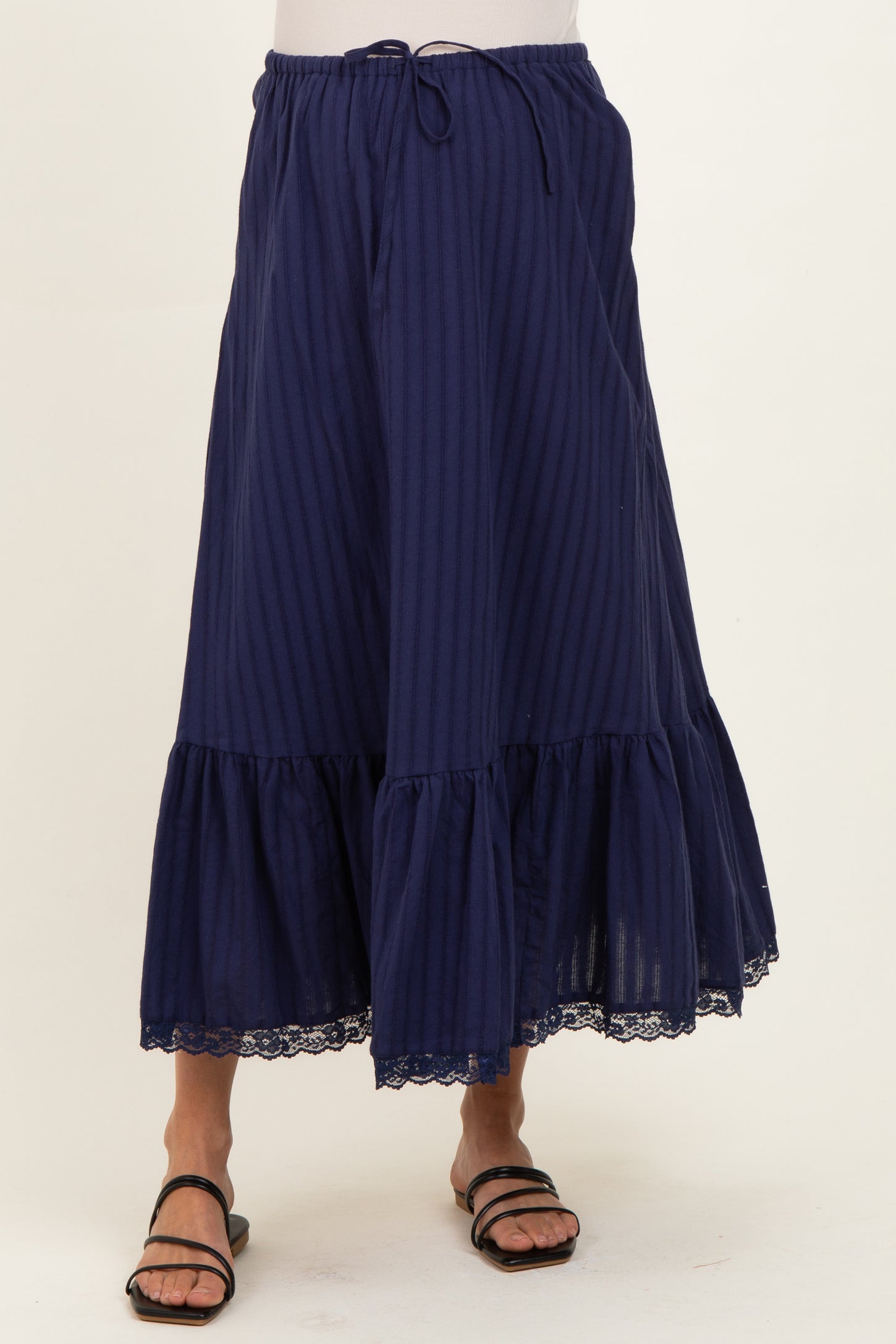 Navy Striped Lace Trim Maternity Midi Skirt