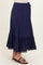 maternity wear navy blue striped maxi skirt with a lace-trimmed hem and adjustable waist, model wearing it side view