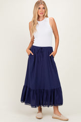Navy Striped Lace Trim Maternity Midi Skirt