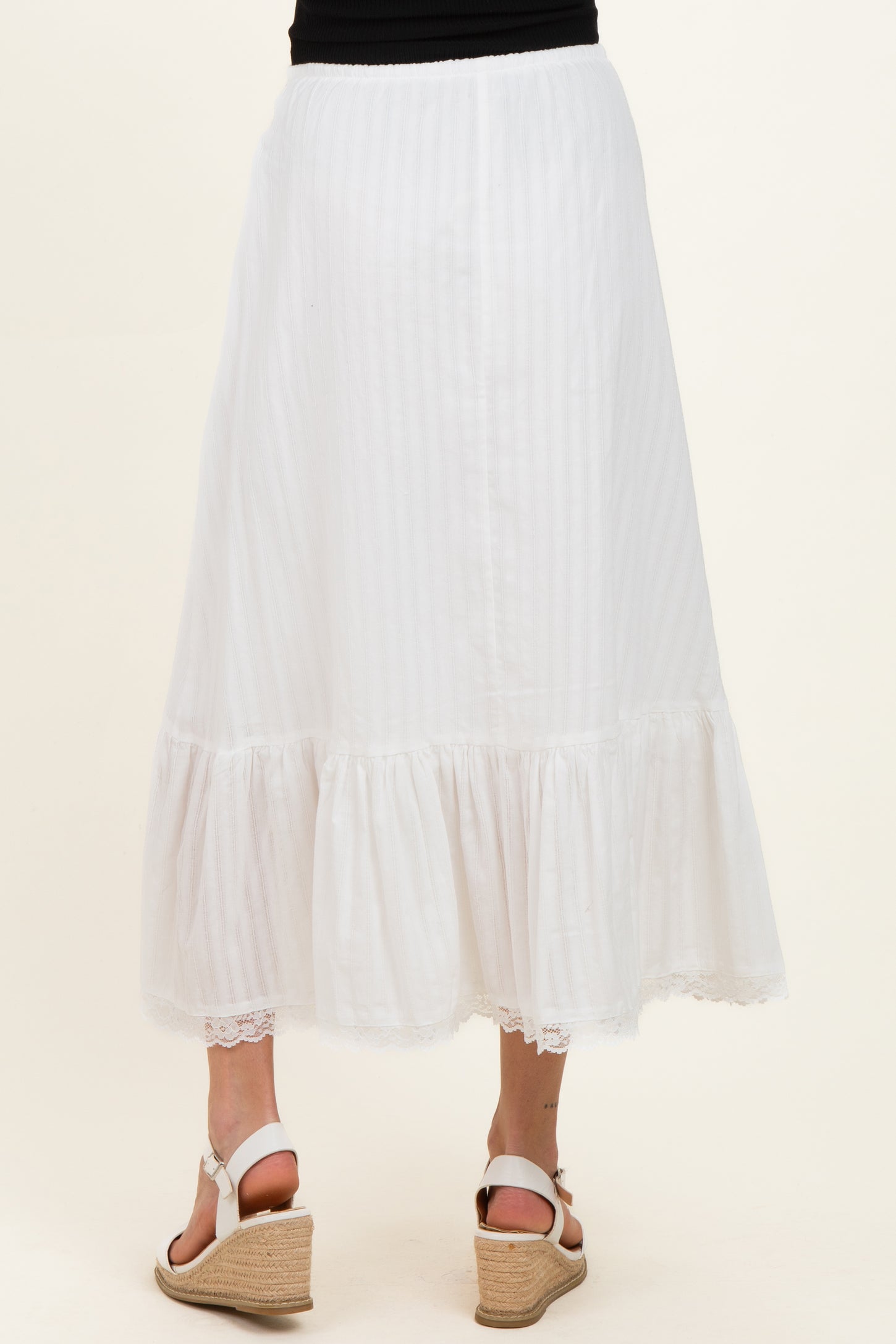 Ivory Striped Lace Trim Maternity Midi Skirt