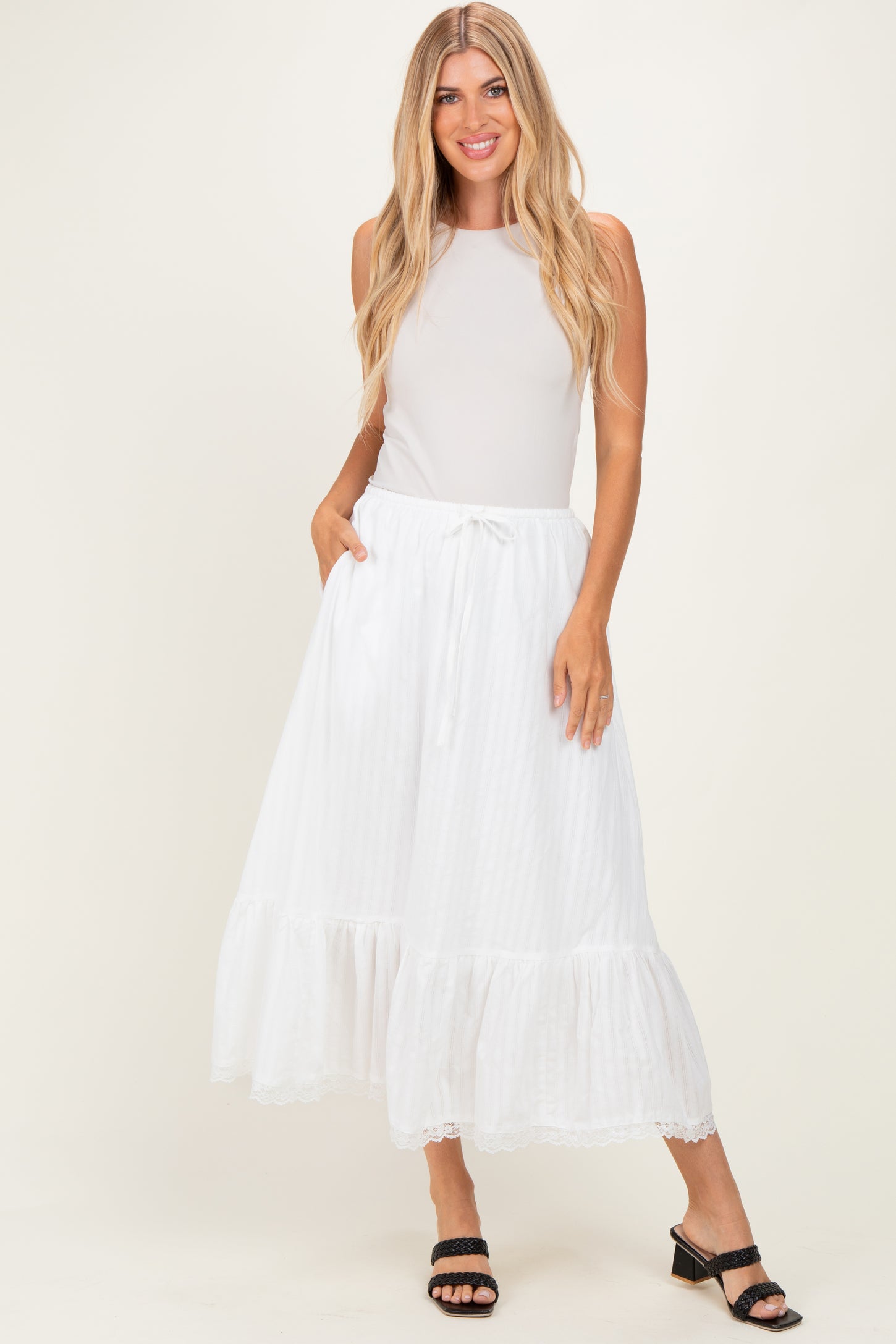 Ivory Striped Lace Trim Midi Skirt