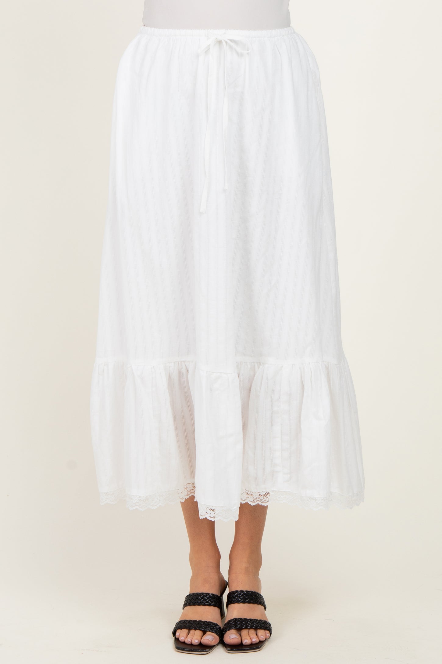 Ivory Striped Lace Trim Midi Skirt