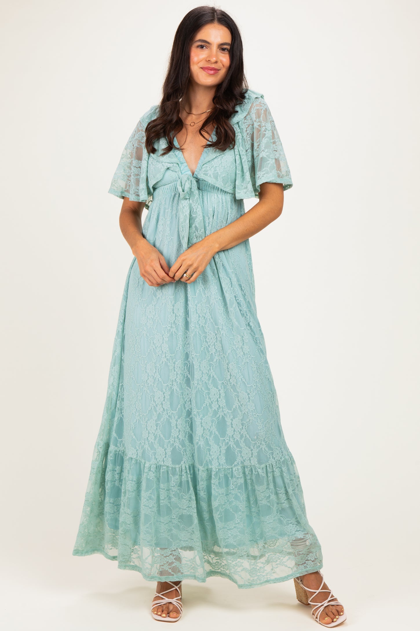 Sage Aqua Lace Flutter Sleeve Tiered Maternity Maxi Dress