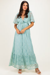 Sage Aqua Lace Flutter Sleeve Tiered Maternity Maxi Dress