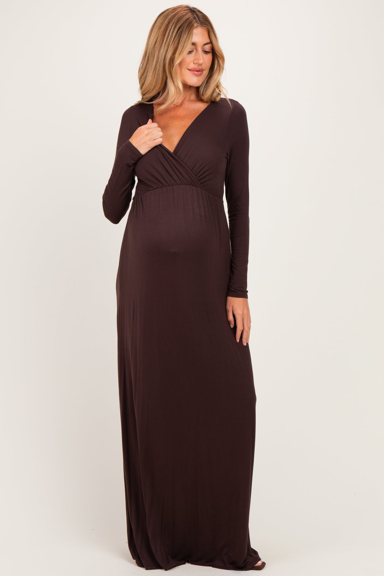 Brown Long Sleeve Maternity Nursing Maxi Dress