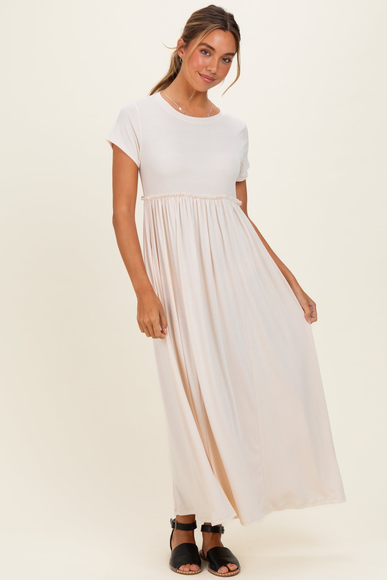 Soft White Ruffle Trim Maternity Maxi Dress