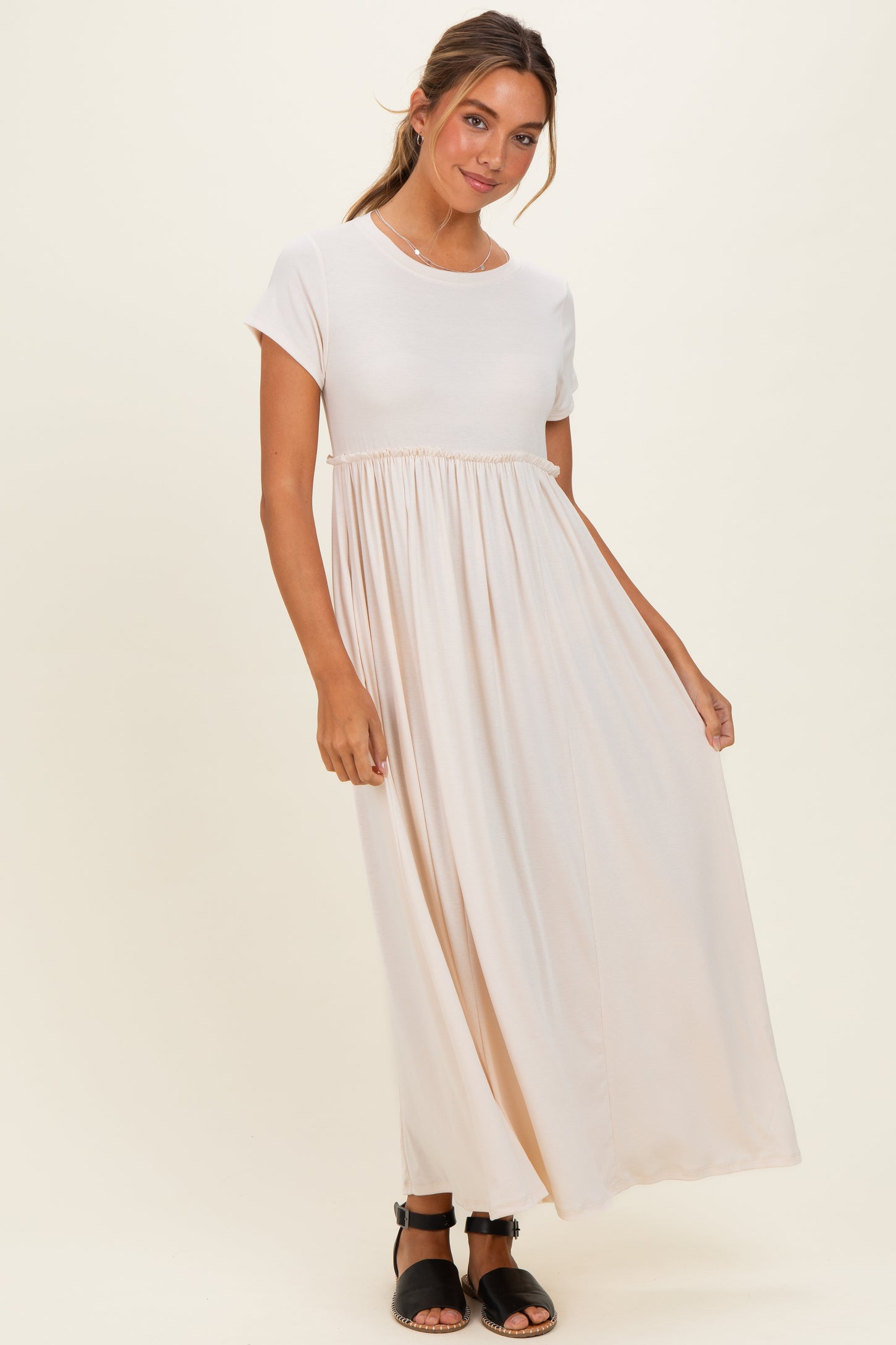 Soft White Ruffle Trim Maternity Maxi Dress