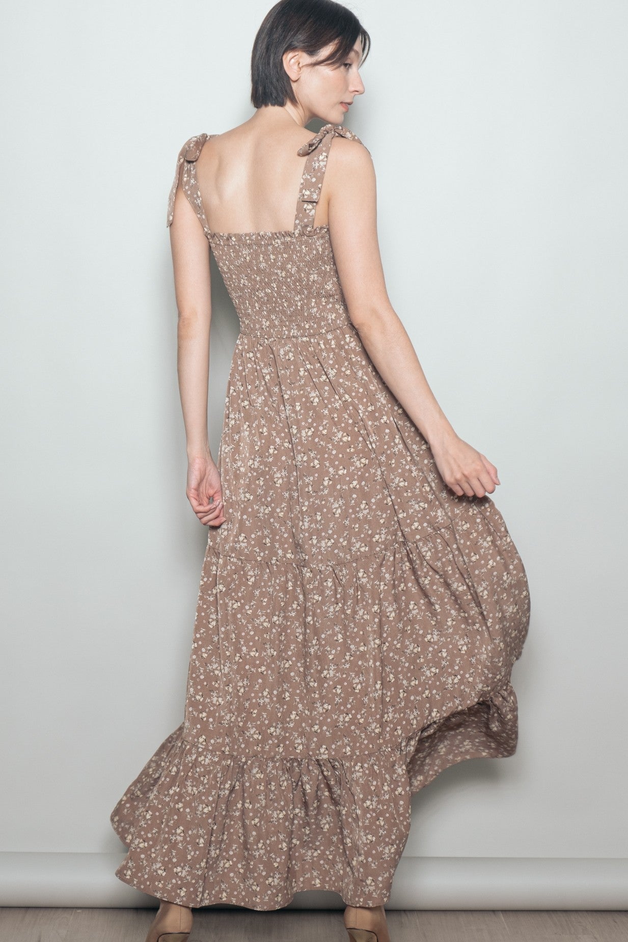 Mocha Floral Shoulder Tie Maxi Dress