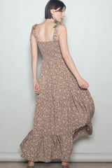 Mocha Floral Shoulder Tie Maxi Dress