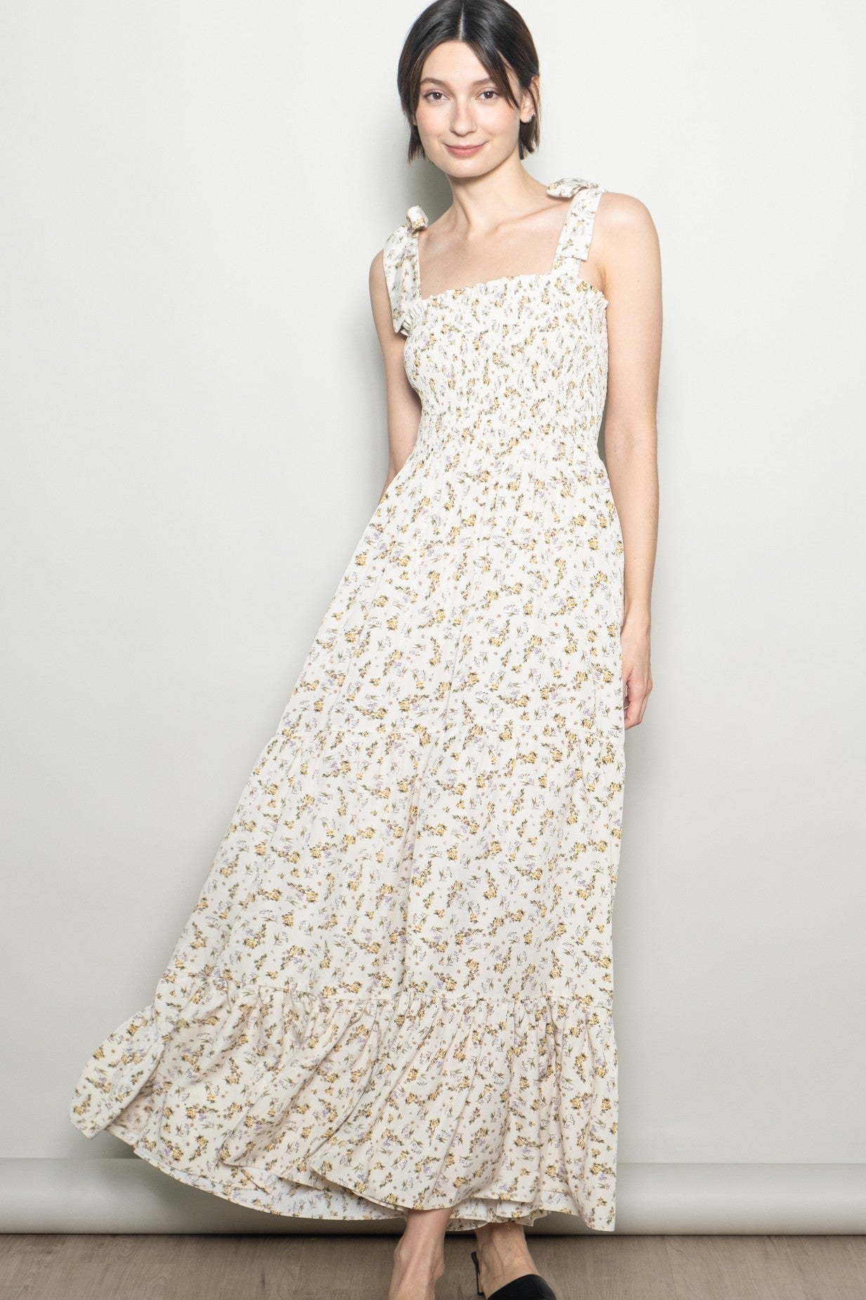 Cream Floral Shoulder Tie Maxi Dress
