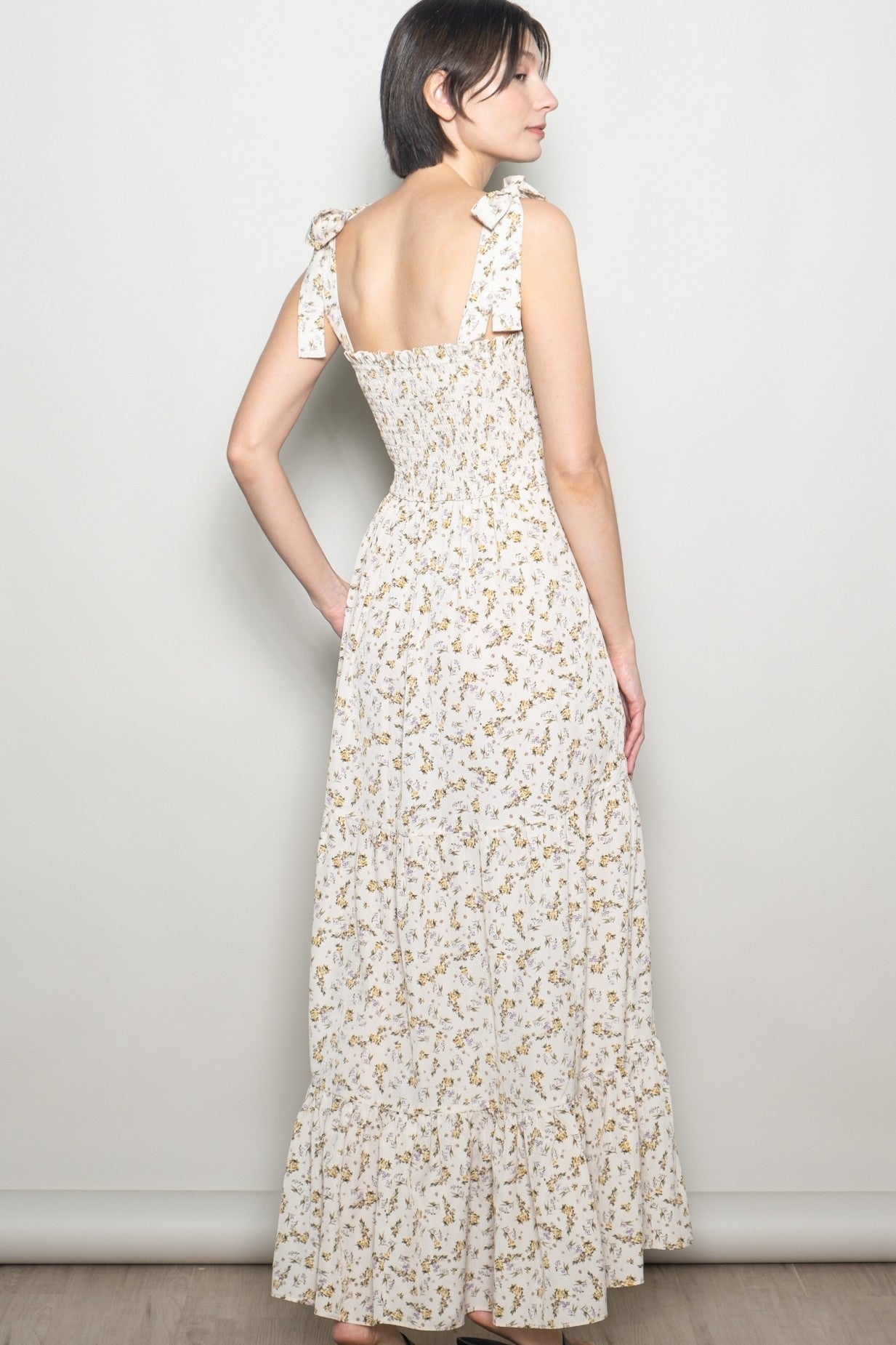 Cream Floral Shoulder Tie Maxi Dress