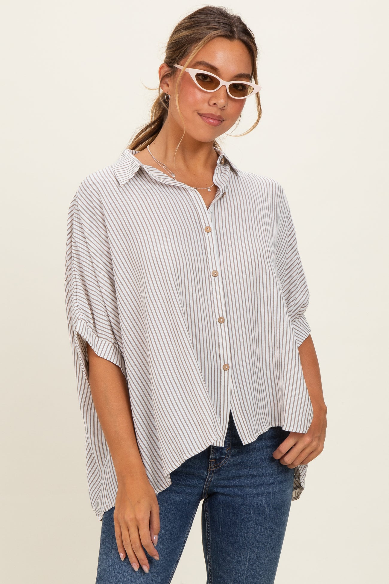 Taupe Striped Boxy Button Down Maternity Top