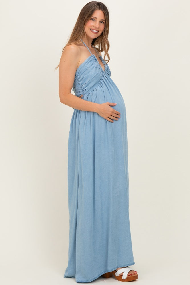 Light Blue Pleated V-Neck Maternity Maxi Dress