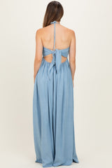 Light Blue Pleated V-Neck Maternity Maxi Dress