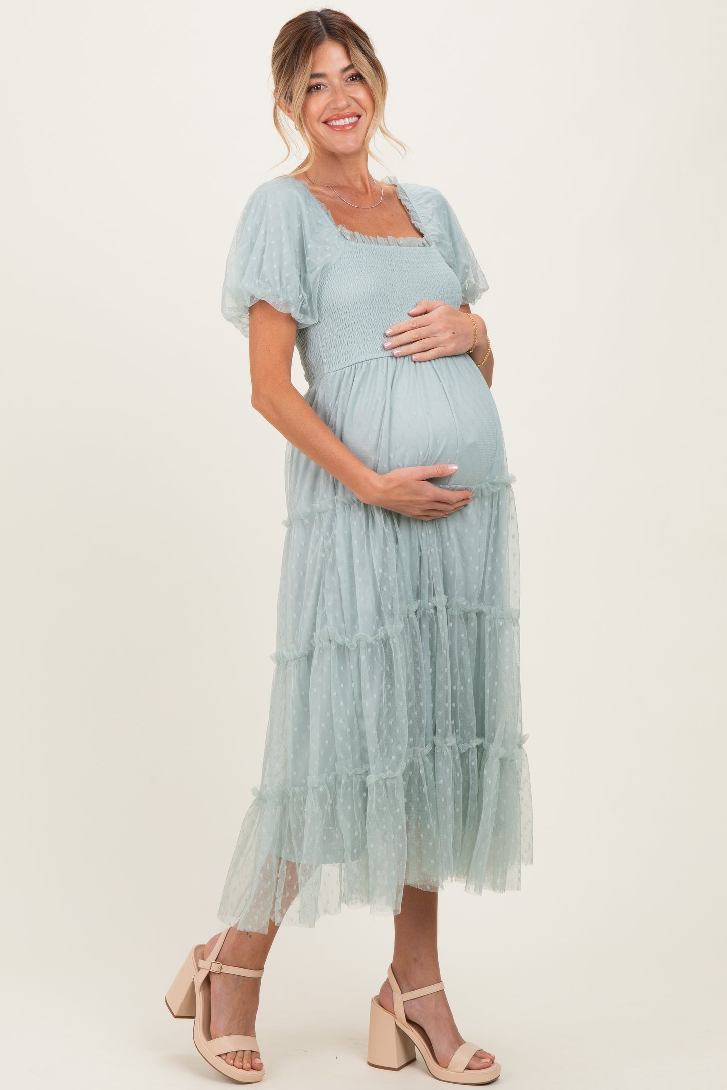 Sage Tulle Puff Sleeve Smocked Maternity Midi Dress