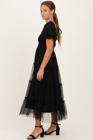 Black Tulle Puff Sleeve Smocked Midi Dress