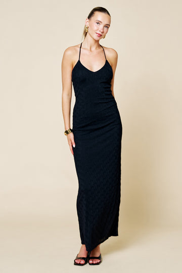 Black Halter Textured Knit Maxi Dress