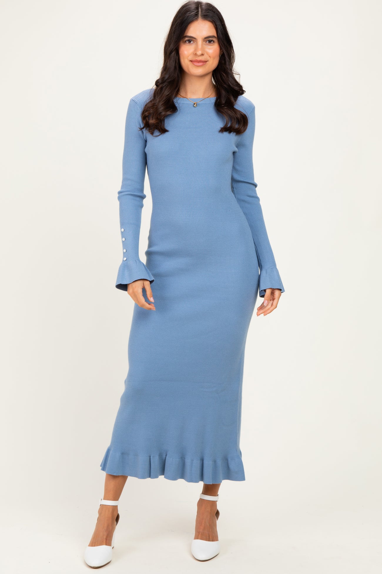 Denim Ribbed Knit Bow Back Maternity Maxi Dress